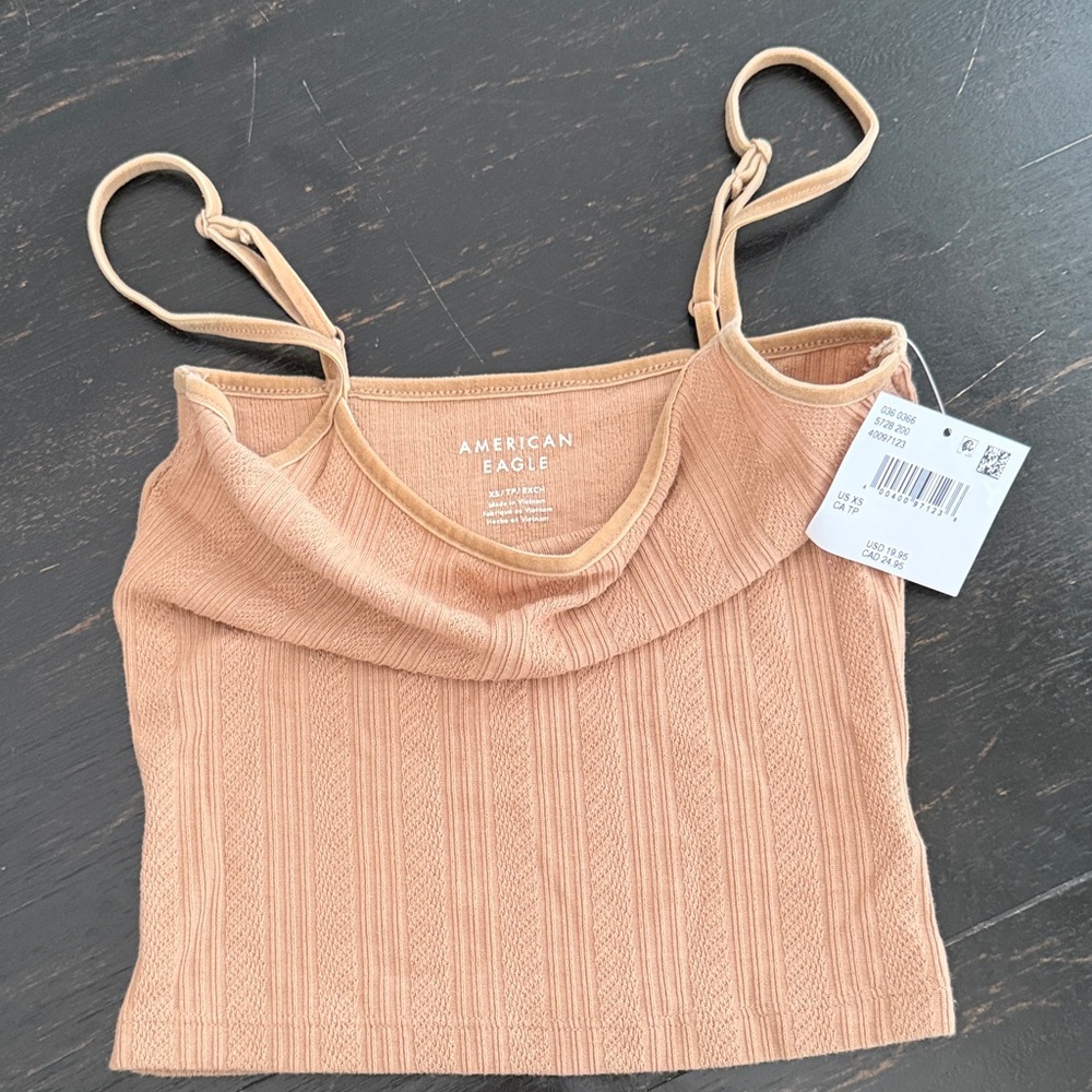 American Eagle Outfitters Ribbed Cowl-Neck Crop Cami - Tan